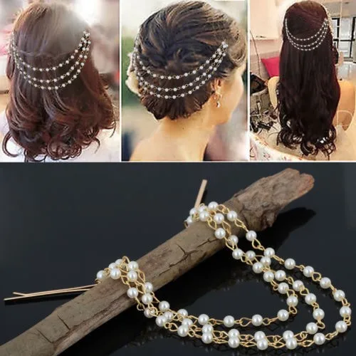 

Women Multi Layer Pearl Tassels Tiara Boho Chic Bridal Head Chain Accessories Hair Jewelry Hairpin Hairband For Wedding Photo