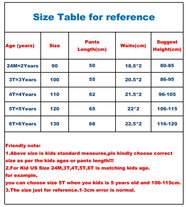 PANTS003 size table