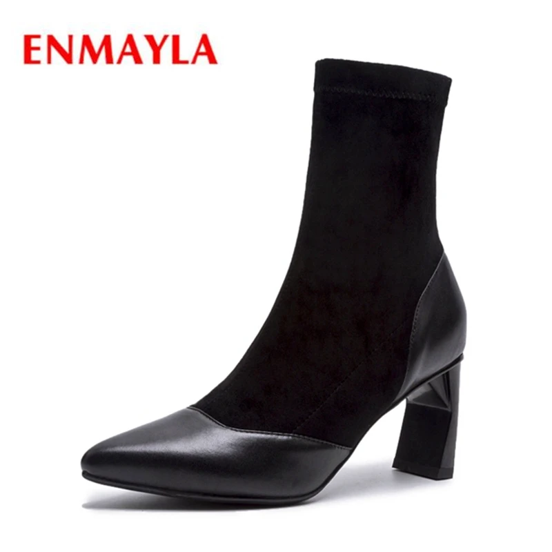 

ENMAYLA New Arrival lady solid black pointed toe high heel ankle boots women slip-on short boots Big size 34-40 ZYL1297
