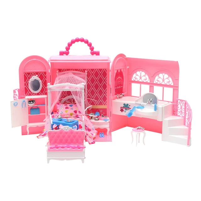 Plastic Diy Bedroom In Handbag Carry A Home Play Set For Barbie Doll Plastic Diy Bedroom In Handbag Carry A Home Play Set For Barbie Doll S House Toy Kids Pretend Toys Gifts