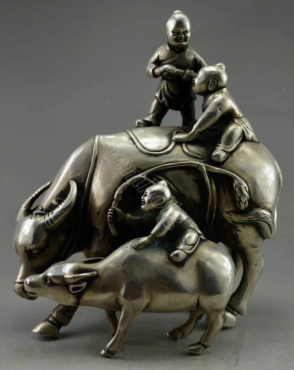 

Collectible Decorate Old Tibet Silver 3 Child Play On Cattle Lead Ox Statue Garden Decoration 100% real Brass Bronze
