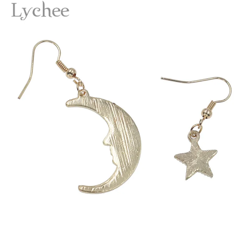 Lychee 1 пара асимметричные сплав звезда луна эмаль висячие серьги женские