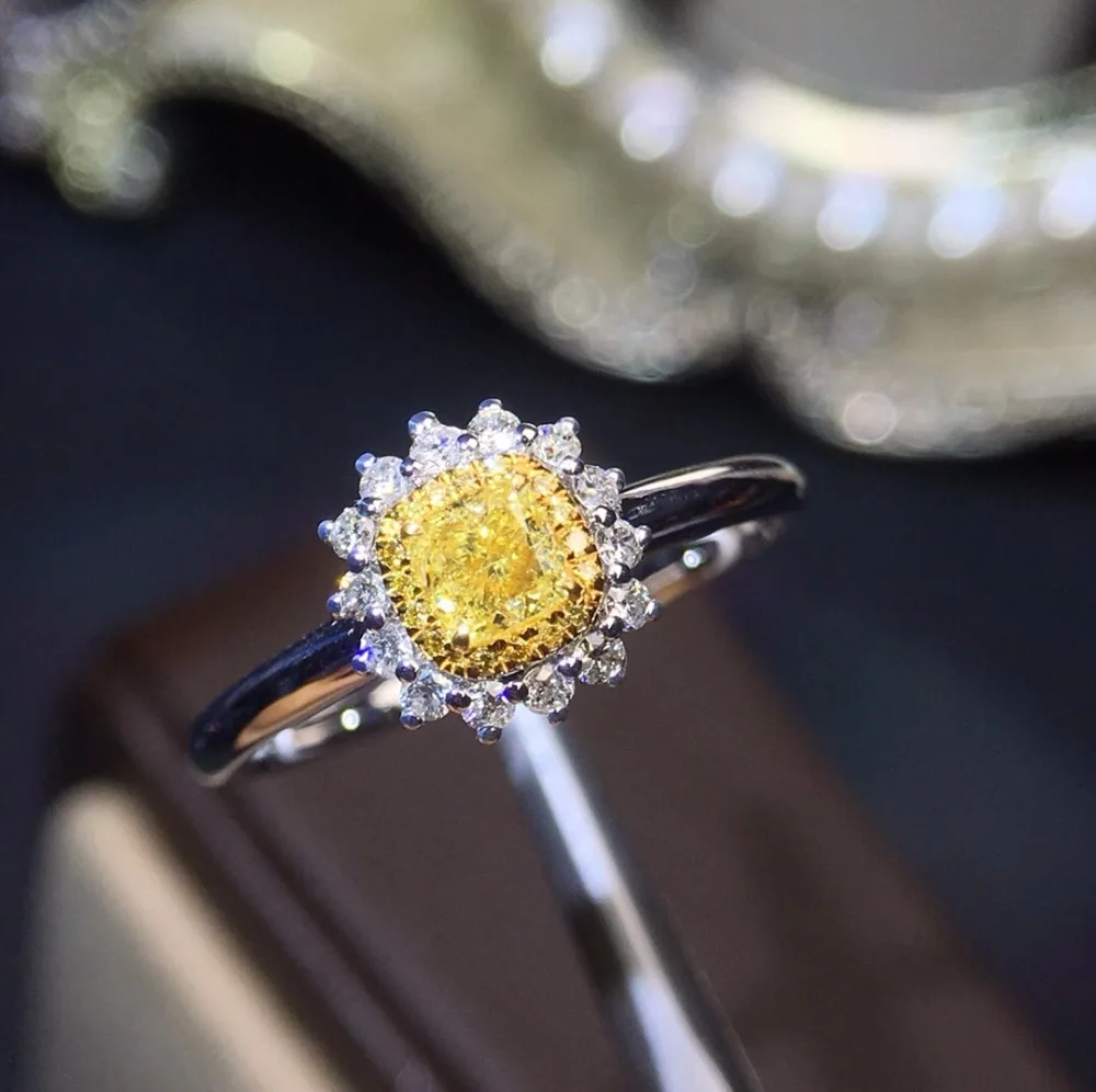 Fine Jewelry Real 18K White Gold Real Natural Yellow Diamond Wedding Engagement Female Rings for Women Fine Diamonds Ring
