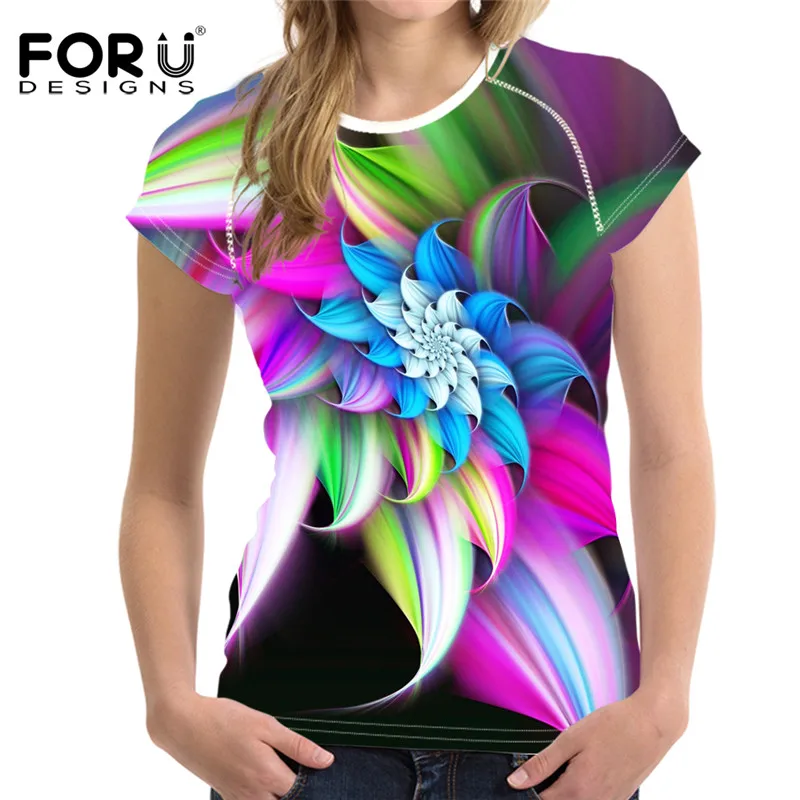 

FORUDESIGNS Colorful Design Short Sleeve Tshirt Girls Fashion Breathable Woman T Shirts Casual Polyester O-neck Tee Shirt Tops