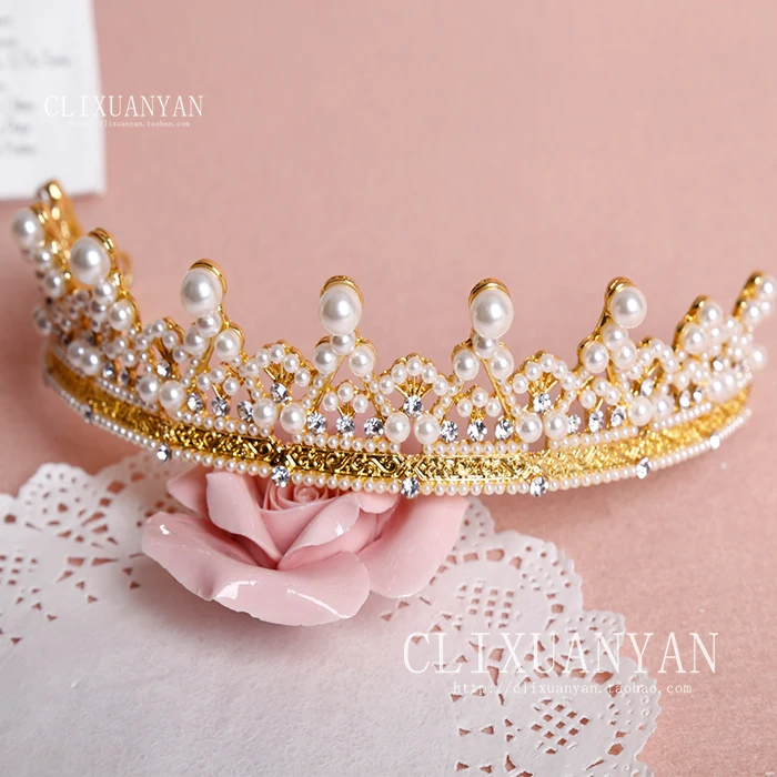 

delicate Continental Gold Crown retro baroque bride wedding tiaras pearl crown wedding hair accessories