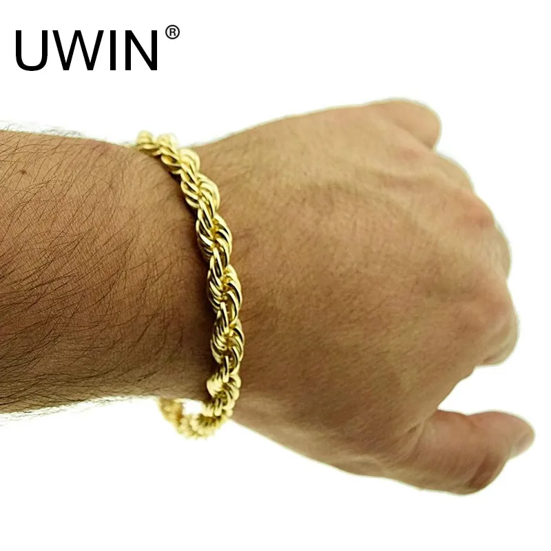 UWIN веревки браслет цвета: золотистый, серебристый 8 дюймов x 5 мм Толстые Мужские витая плетеные цепи хип-хоп браслет