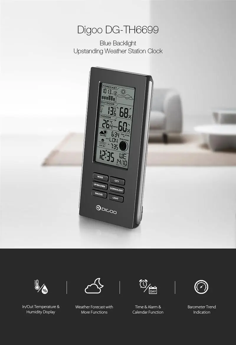 Digoo DG-TH6699 Wireless Weather Station Barometer Forecast Thermometer USB Outdoor Sensor Clock