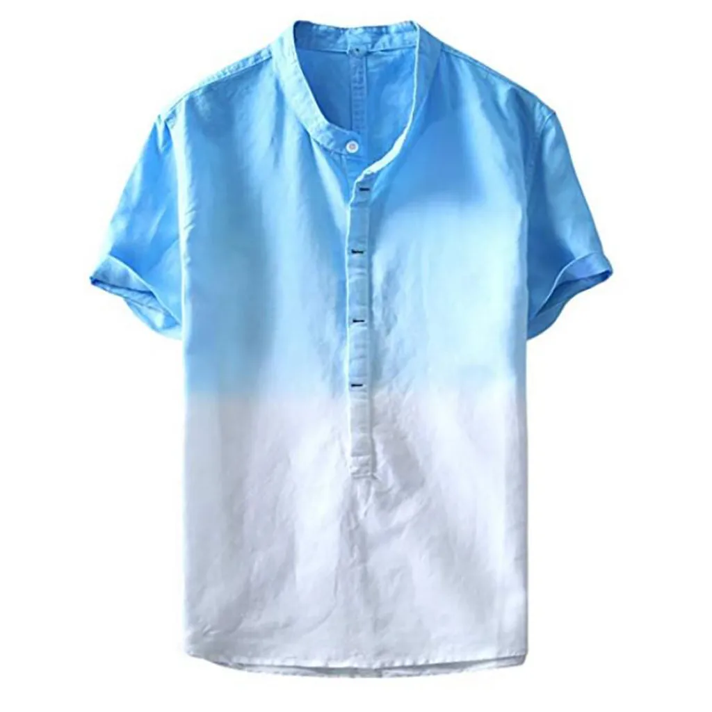 Льняные мужские рубашки, модные летние облегающие льняные рубашки с коротким рукавом, мужские повседневные рубашки белого и синего цвета, однотонные повседневные рубашки, брендовые - Цвет: Синий