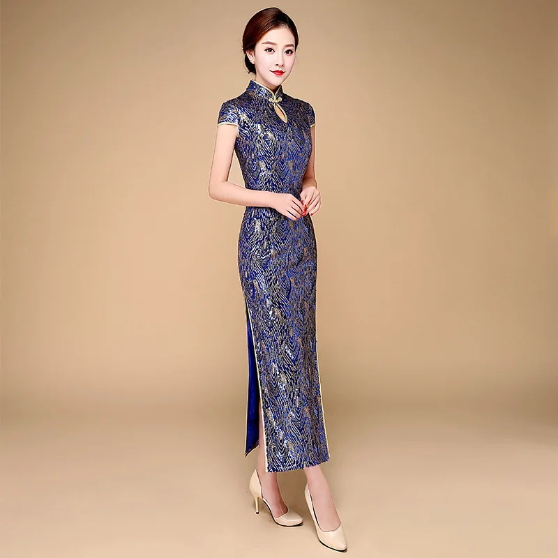 The New Listing 2018 Blue Qipao Long Chinese Dress Cheongsam Sexy Robe