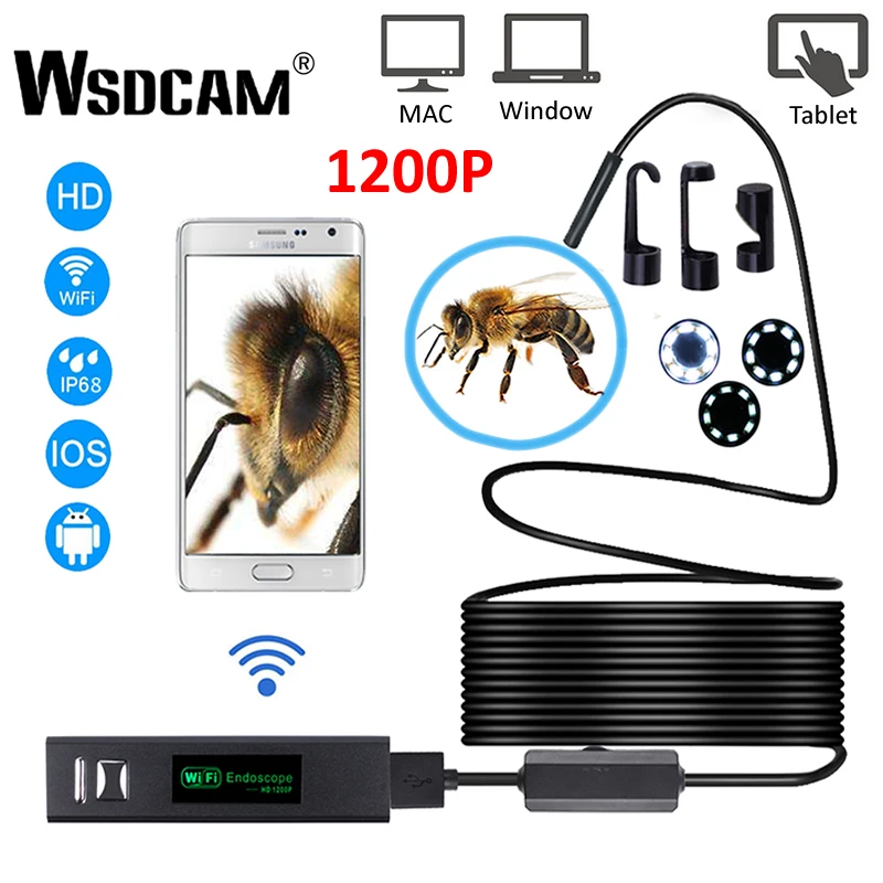 

Wsdcam WIFI Endoscope Camera HD 1200P Mini Waterproof Hard Wire Wireless 8mm 8 LED Borescope Camera For Android PC IOS Endoscope