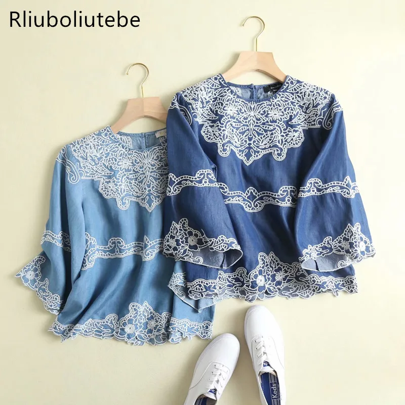 

embroidery women tecel jeans blouse casual o neck soft summer light blue denim womens tops and blouses blusas mujer 2019 new