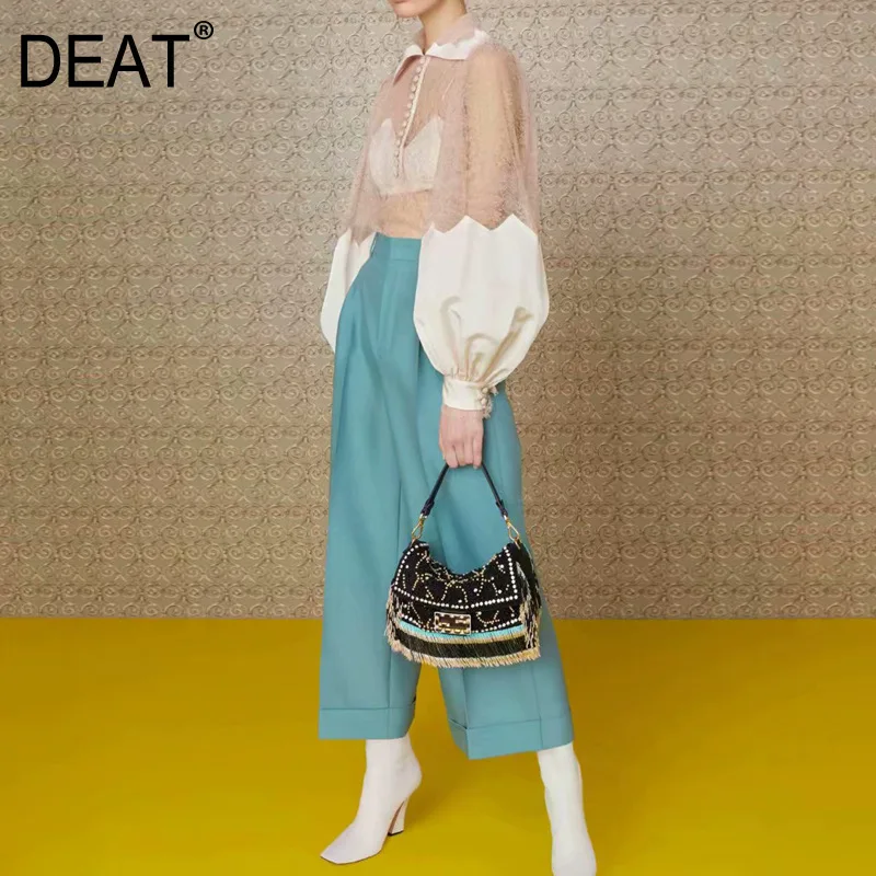 

DEAT 2019 New Summer Fashion Women Clothes Vintage Lantern Sleeves Lace Turn-down Collar Shirt And Straight Pants Set WG22305L