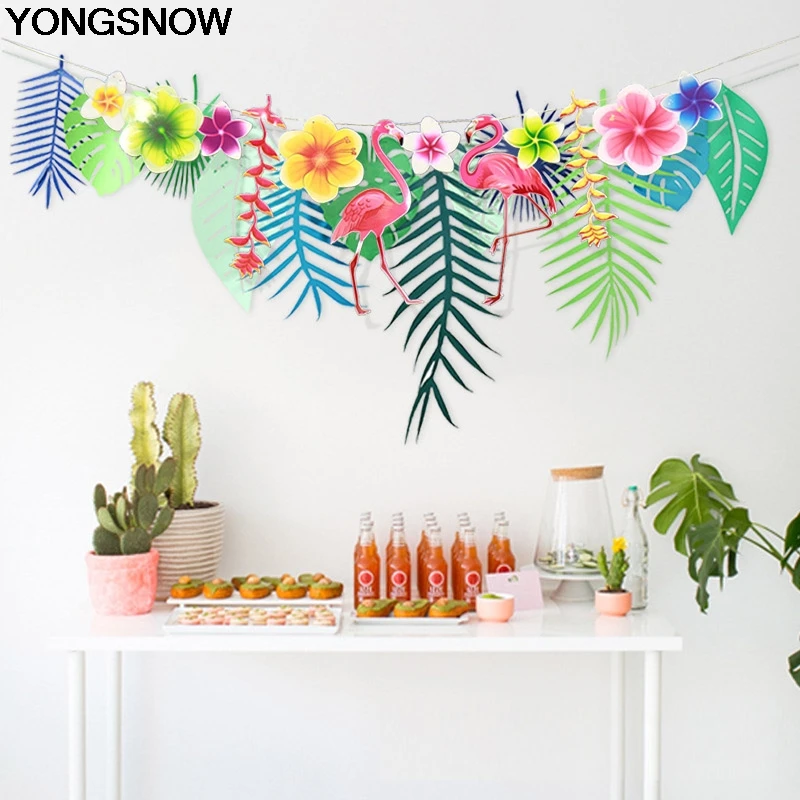 

3M Length Flamigo Leaves Flower Paper Garland Topical Theme Party Hanging Banner For Wedding Birthday Hawaiian Party Decoration