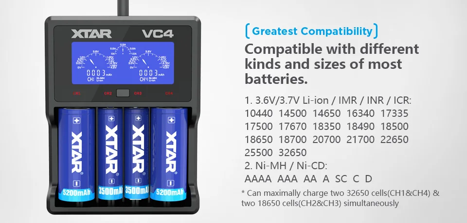 XTAR VC4 Батарея Зарядное устройство 20700 18650 21700 14650 17335 17670 18490 10440 14500 16340