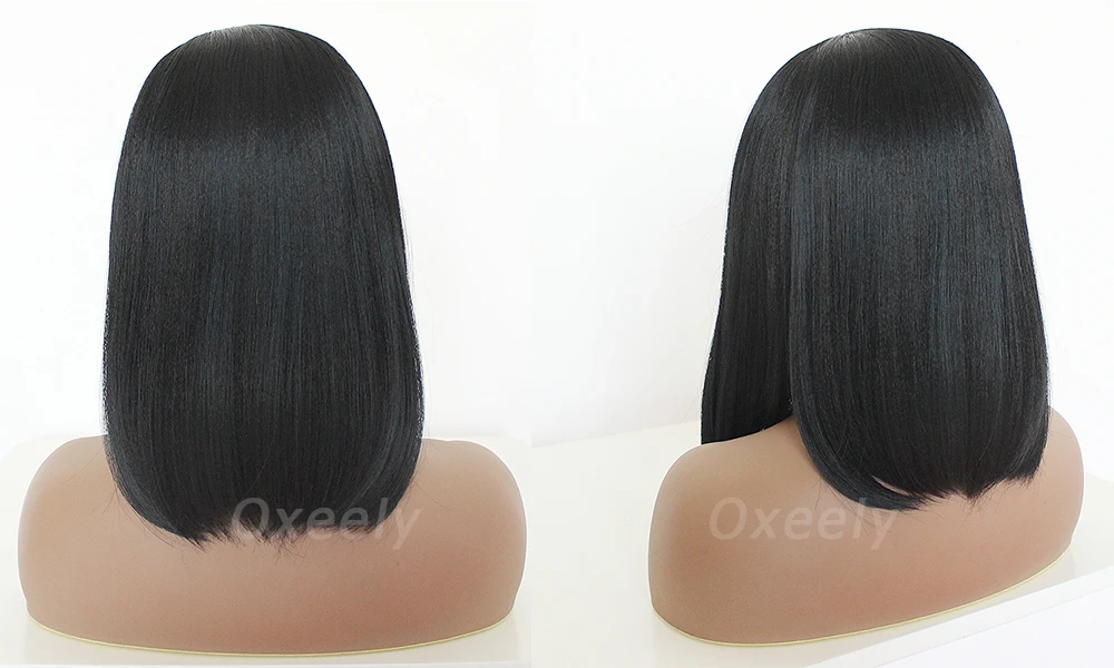 Oxeely короткие черные волосы синтетические волосы на кружеве парики боб прямые волосы Yaki парики для черных женщин с Детские волосы термостойкие