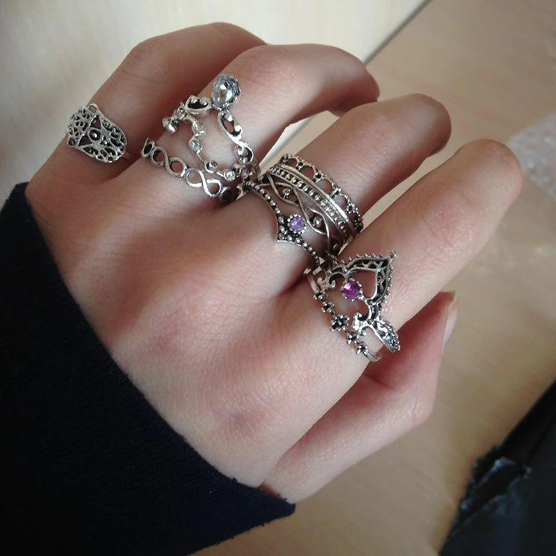 

10Pcs/Set Bohemian Hollow Water Drop Pattern Vintage Ring Set Crystal Beidou Seven Stars Fatima Hand Ring For Women Gift Anillos