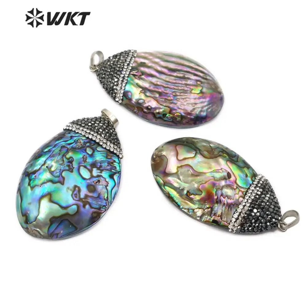 

WT-NP384 Natural Abalone Shell Pendant Rainbow Color With Rhinestone Pave Pendant Sea Shell Pendent For Necklace Making