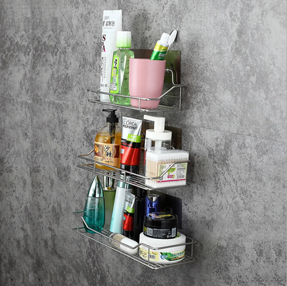 3 Size Stainless Steel Bathroom Waterproof Storage Shelves& Racks Shelf No Drilling Kitchen Bathroom Storage Wall Racks