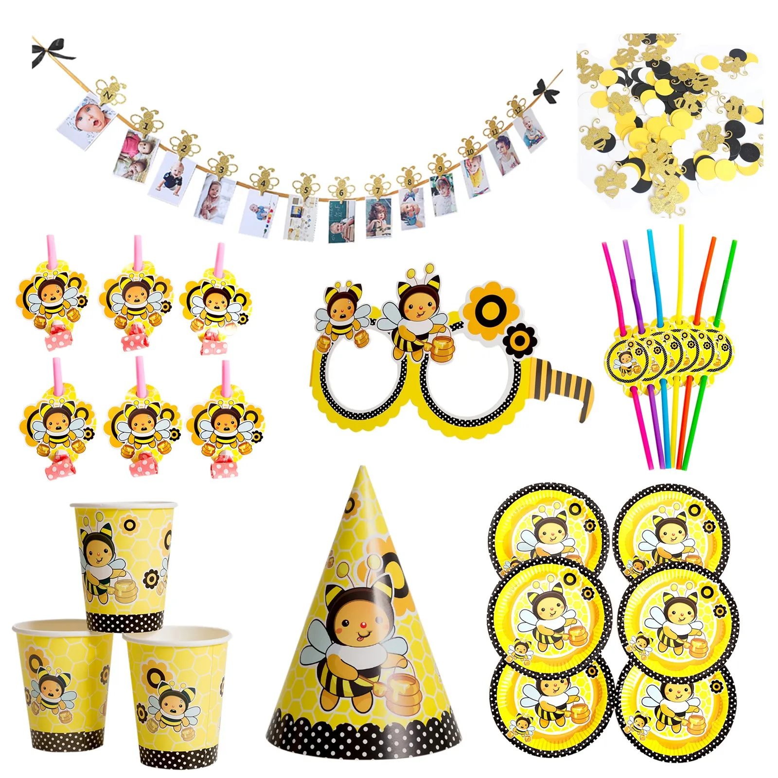 6pcs/set Cartoon Honey Bee Disposable Tableware Paper Banner Kids Birthday Party Supplies Hat Cups Plates Baby Shower Decoration
6pcs/set Cartoon Honey Bee Disposable Tableware Paper Banner Kids Birthday Party Supplies Hat Cups Plates Baby Shower Decoration