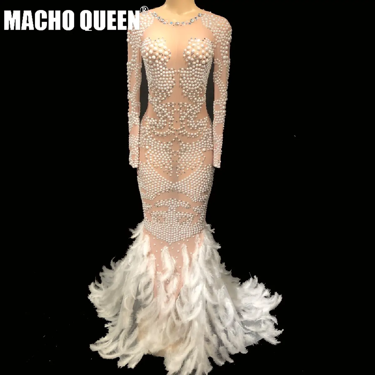 

Drag Queen Costumes Pearl Nude Prom Rhinestones Long Evening Party Dresses Sexy Celebrity Red Carpet Floor Length Feather Dress