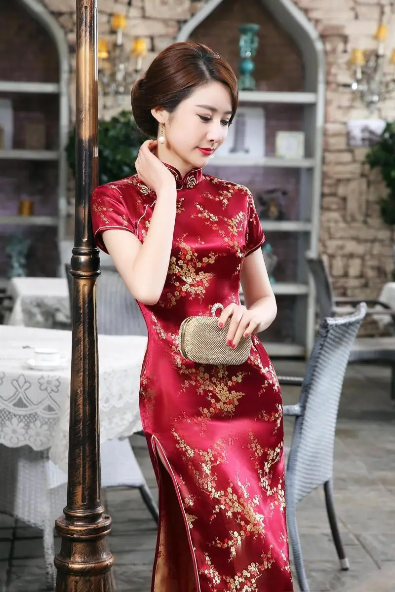 Черный, красный китайское традиционное платье Для женщин Cheongsam Qipao летние шорты рукавом длинное платье цветок размеры S M L XL XXL 3XL 020204