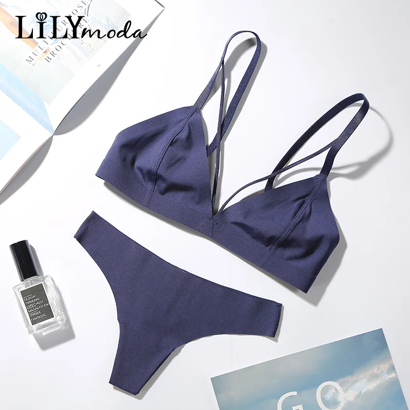 

Lilymoda Women Bralette Bra Bustier Set Lingerie Plunge Bra&Thongs Seamless Triangle Wire Free Ultra Thin Underwear With T Pants