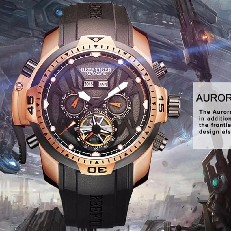 

Reef Tiger Multifunction Mens Watches Mechanical Luminous Sport Clock Luxury Business Rubber Waterproof Watch Men reloj hombre