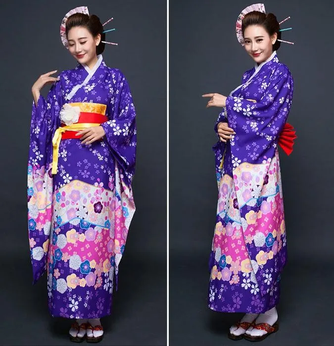 Высокая мода фиолетовый японский национальный женское кимоно традиционная юката с Obi винтажное вечернее платье цветок один размер NK003
