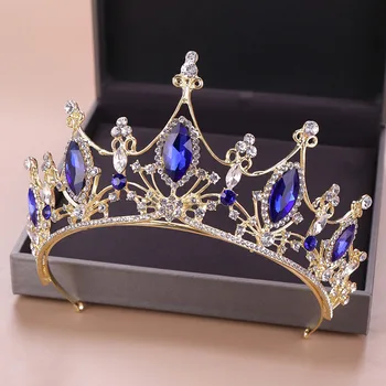 

GETNOIVAS Baroque Blue Crystal Bridal Tiaras and Crowns Rhinestone Diadem Hair Jewelry Vintage Gold Wedding Hair Accessories SL