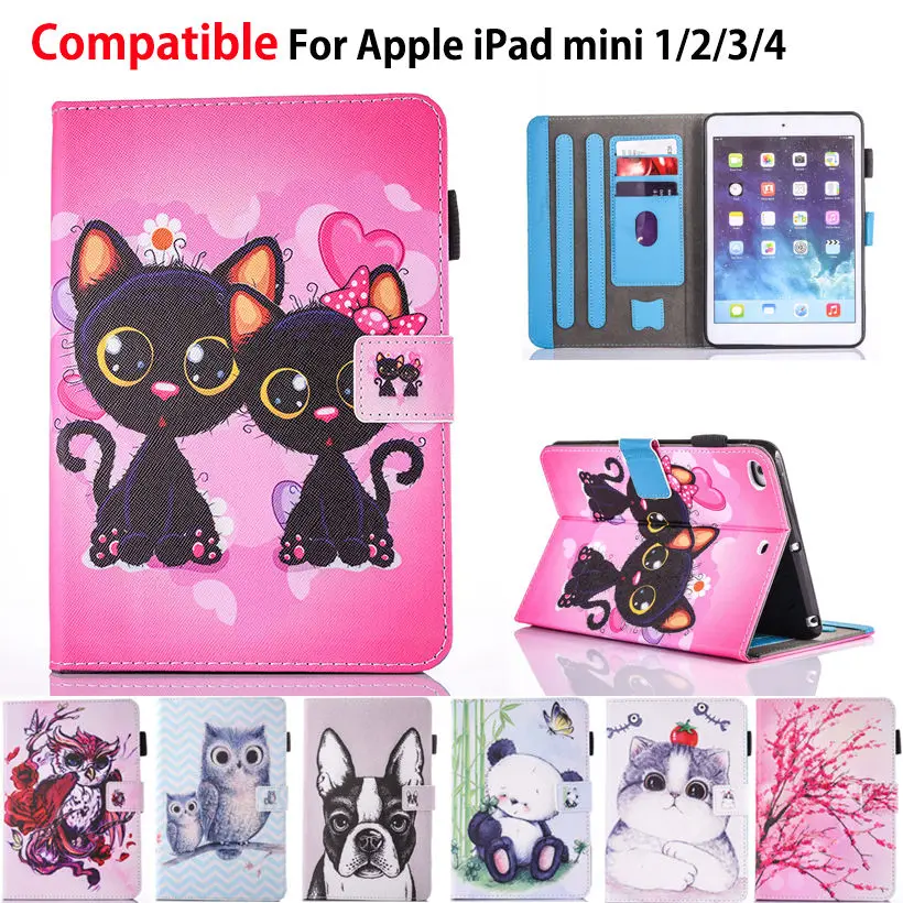 Модный мультяшный силиконовый чехол из искусственной кожи чехол для Apple Ipad Mini 1 2 3 4 7," смарт-чехол Чехол Funda Сова собака кошка шаблон Стенд