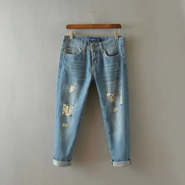 Европейский Стиль Новое поступление Одежда высшего качества Модные Рваные джинсы для Для женщин, женский бренд Винтаж Повседневное бойфренд джинсы с дырами - Цвет: Синий