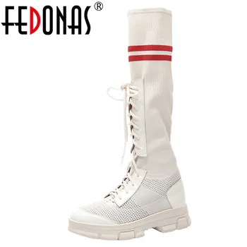 

FEDONAS New Fashion Punk Round Toe Low Heels Women Knee High Boots Comfortable Breathable Knitting Spring Autumn Shoes Woman