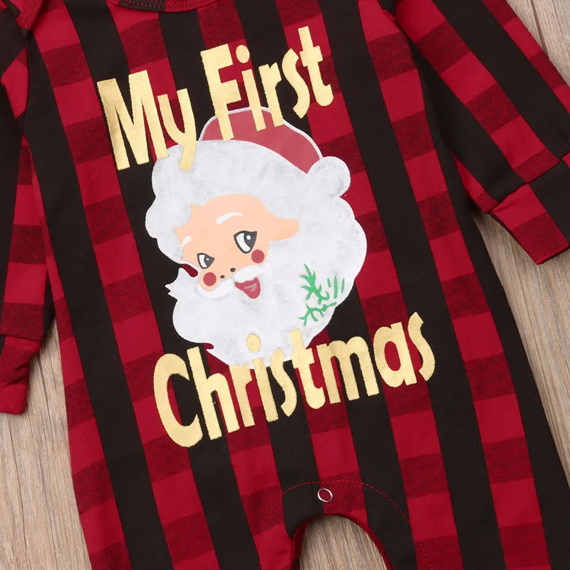 Рождественский костюм для новорожденных девочек и мальчиков, красный, черный комбинезон с длинными рукавами с рисунком Санта Клауса, комбинезон+ шляпа, одежда, наряды