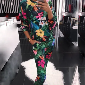 

Spring Floral Print Women Tracksuit O-Neck Autumn Animals Plant Print Long Sleeve Sweatshirt Women Two Piece Outfits