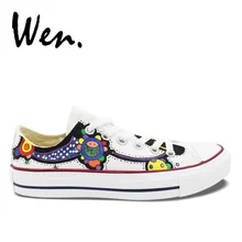 Wen/белые туфли с ручной росписью; дизайн; разноцветная обувь с цветочным принтом; Женская Повседневная парусиновая обувь с низким верхом; плимсоллы