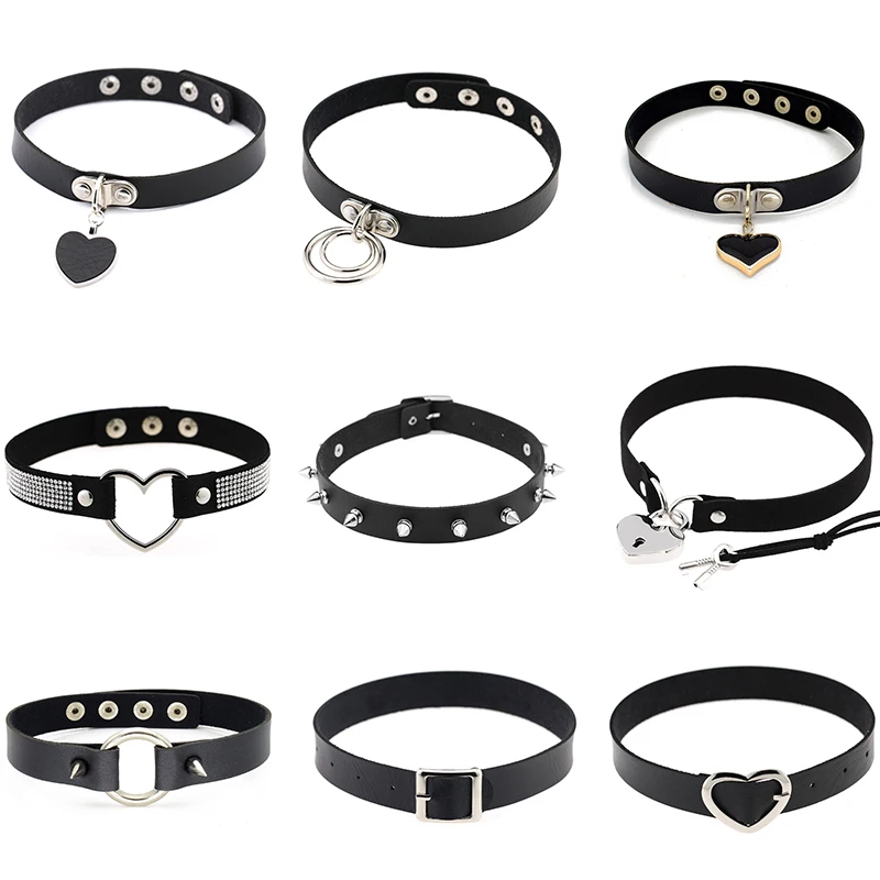 LOVE Hot Punk cross Collar Choker Bell Round Necklace Heart black PU Leather Punk Goth Handmade Neck Jewelry