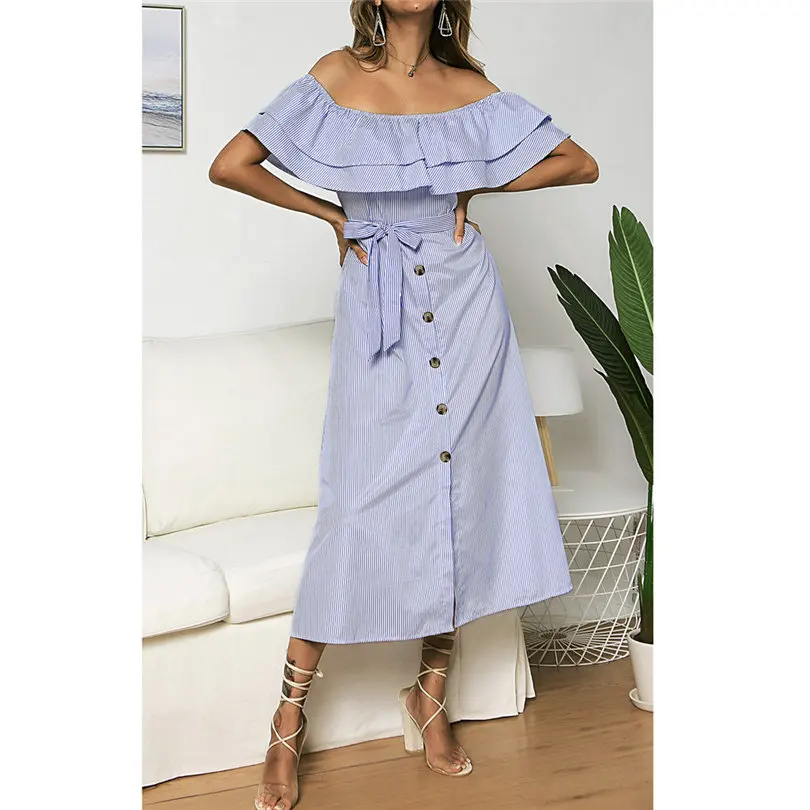 Plus Size New Fashion Women Summer Casual Daily Sexy Off Shoulder Button Dress Short Sleeve Slash Neck Striped Dress #4A18 (10)