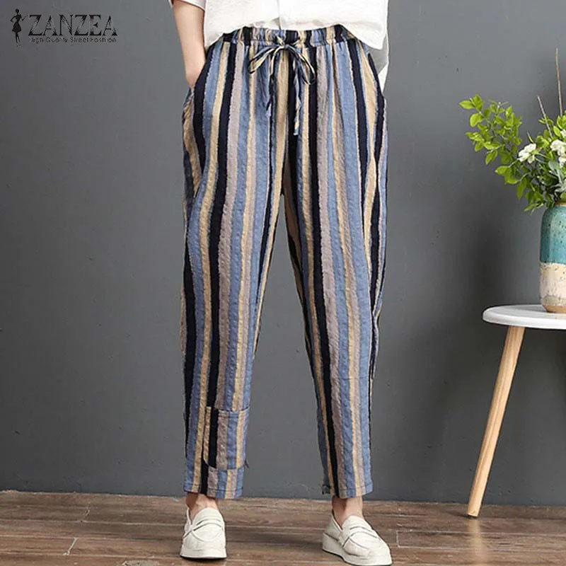 

2019 ZANZEA Casual Elastic Waist Trousers Women Striped Harem Pants Autumn Turnip Pants Vintage Linen Pantalon Baggy Plus Size