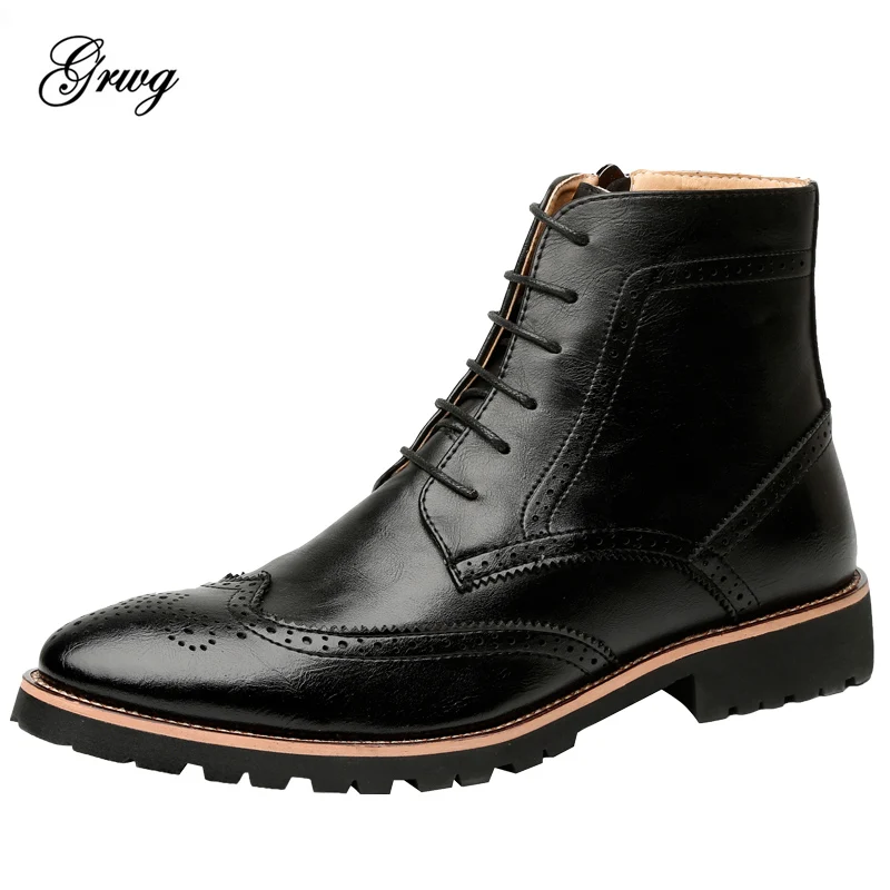 

GRWG Brand Men Spring Autumn Fashion Brogue Motorcycle Boots 2019 New Male Business Office Formal Leather Boots Men Shoes
