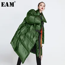 [EAM] Новое весеннее сатиновое Длинное Зеленое женское модное пальто большого размера с металлической подкладкой из хлопка JI22