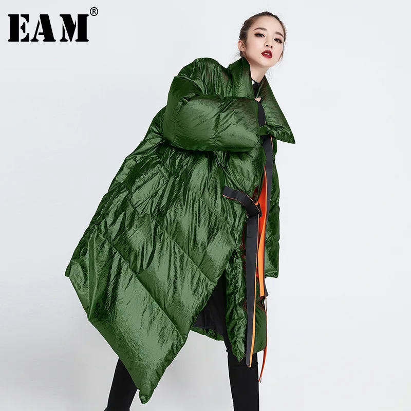 

[EAM] 2019 New Spring Satnd Collar Long Green Large Size Metal Color Irregular Cotton-padded Women Fashion Coat JI22