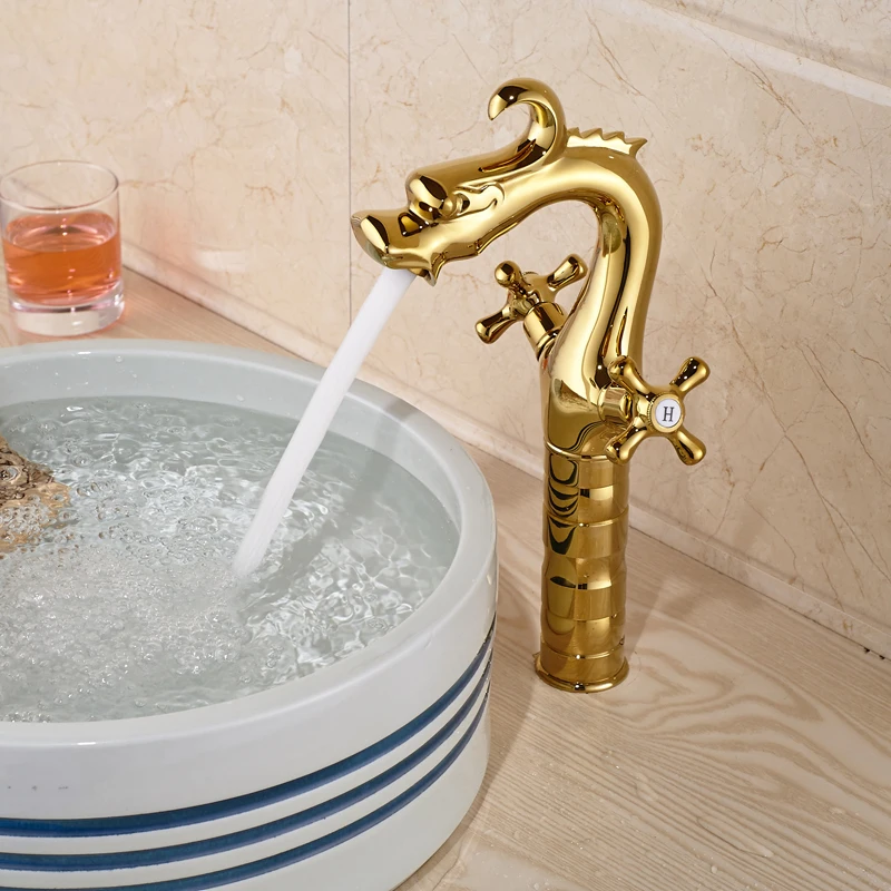 

Dragon Style Countertop Basin Sink Faucet Deck Mount Dual Handle Mixer Taps Deck Mount Polish Golden