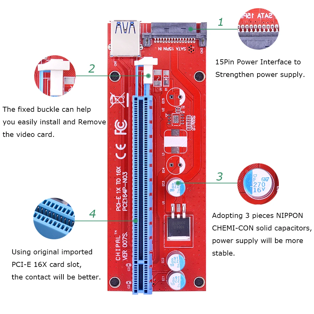 CHIPAL VER007S 60 см PCI E Райзер карта Express PCIE 1X до 16X адаптер USB 3 0 кабель SATA питание для