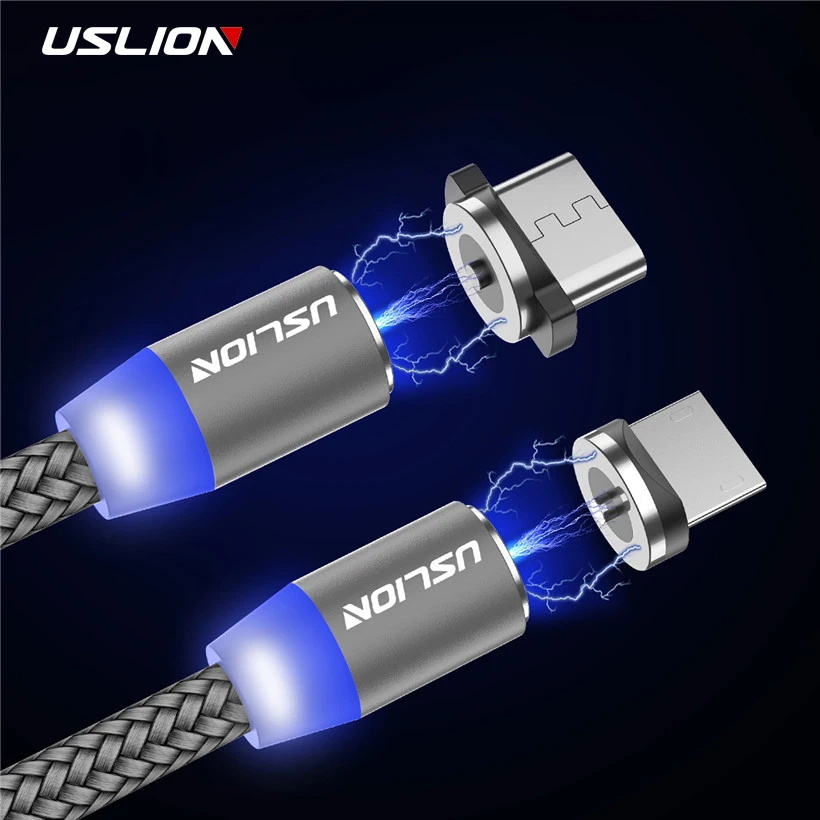 USLION LED magnético Cable USB para Micro USB tipo C Cable de teléfono para Samsung S9 Nota 9 Xiaomi F1 Huawei 1 M 2A cargo imán macho