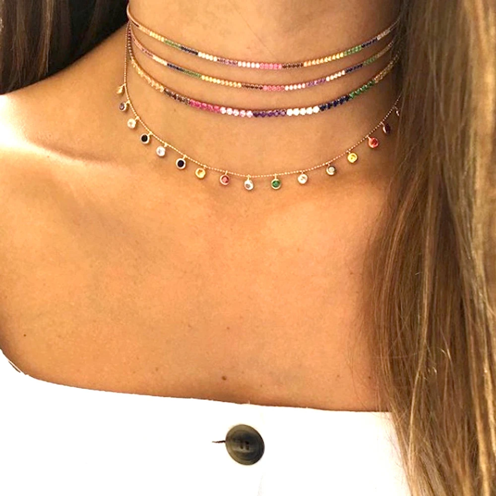 

2018Fashion delicate Colorful Rainbow Choker Necklace Clavicle Chain stunning thin Women wedding Simple elegance 35+10cm Jewelry