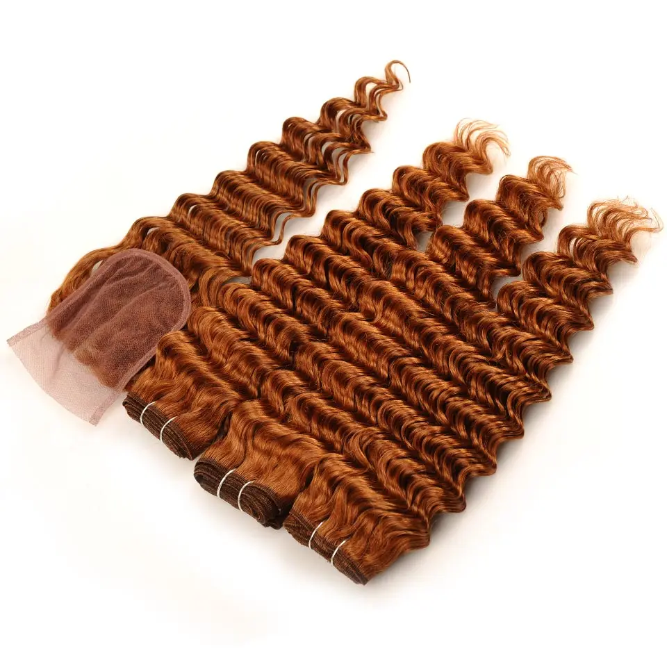 Pinshair Deep Wave 3 Bundles With Closure Blonde 30 Peruvian Human Hair Bundle With Middle Part Closure 10-26 Inch Non Remy Hair (16)