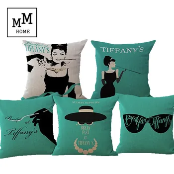 

Beautiful Blue Audrey Hepburn Cotton Linen Decorative Cushion Home Sofa Bedside Throw Pillow Home Decor Pillow Free Shipping