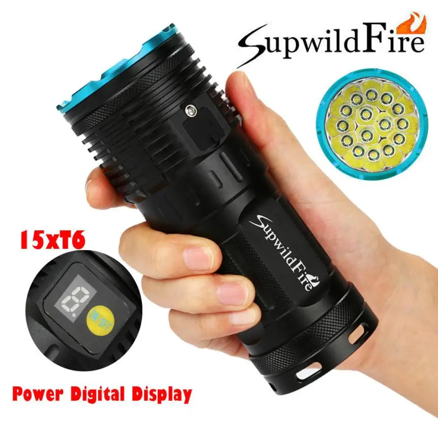 

Supwildfire 50000LM 15 x XM-L T6 LED Power Digital Display Hunting Bicycle Flashligt Waterproof Rechargeable Cycling light Jay17