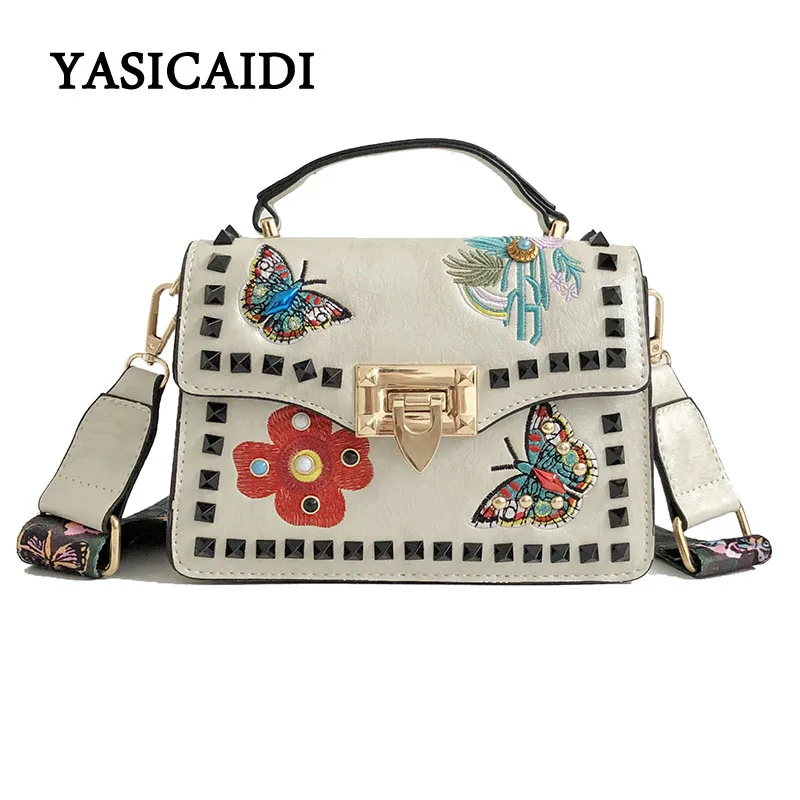 

Women Rivet Floral Embroidery Crossbody Bags Small Pu Leather Flap Messenger Shoulder Bag Butterfly Wide Shoulder Strap