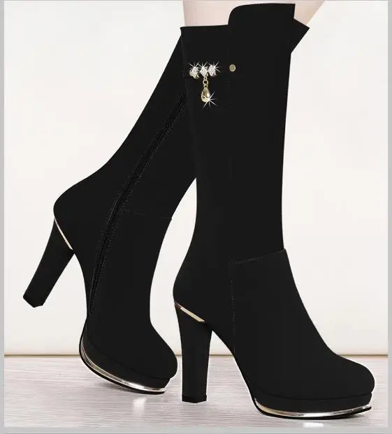

2018 new winter high heel thick with wild plus velvet skinny boots Martin boots female